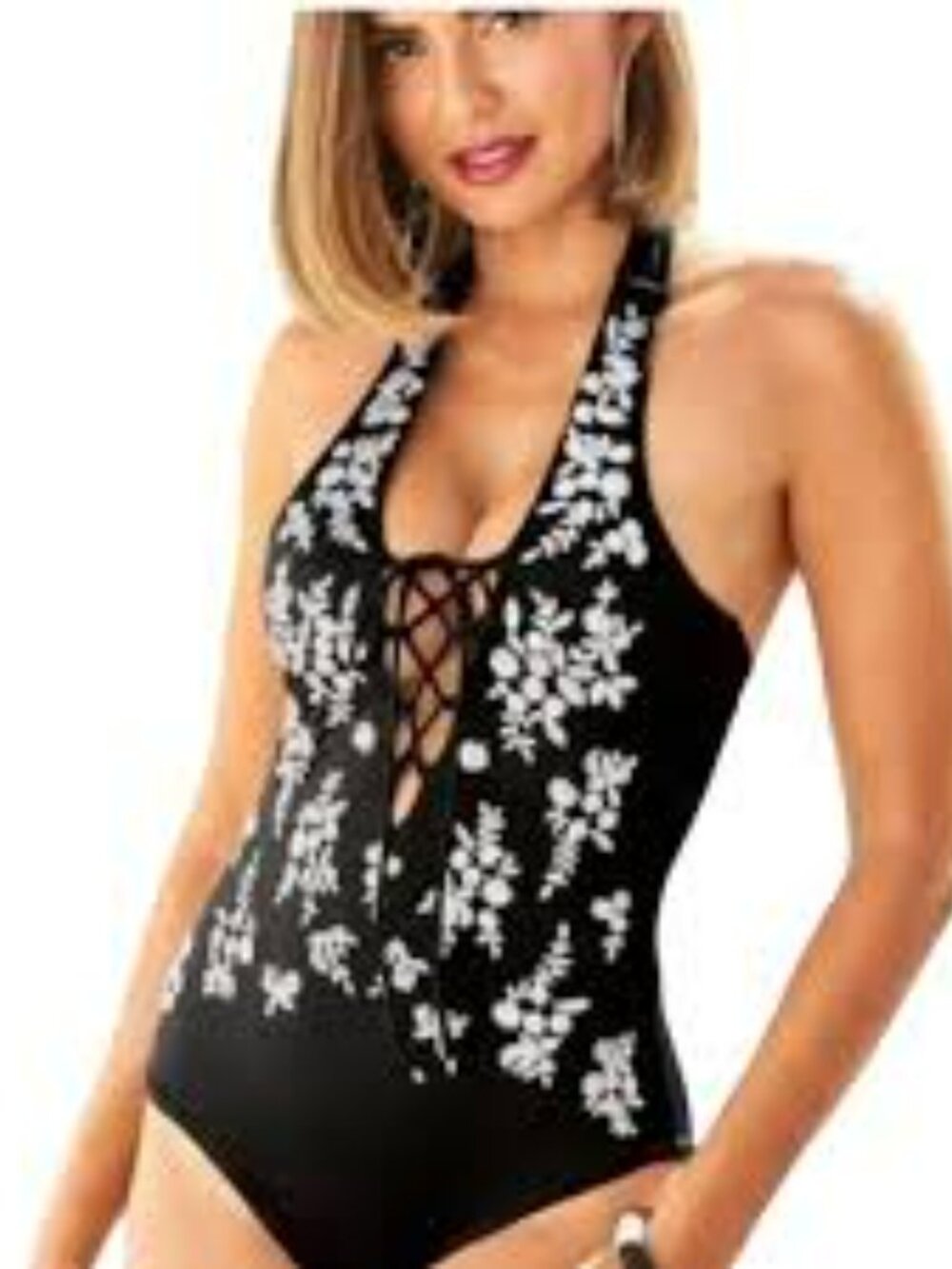 Amita Naithani Boston Proper Black w White Embroidery One Piece Bathing Suit M